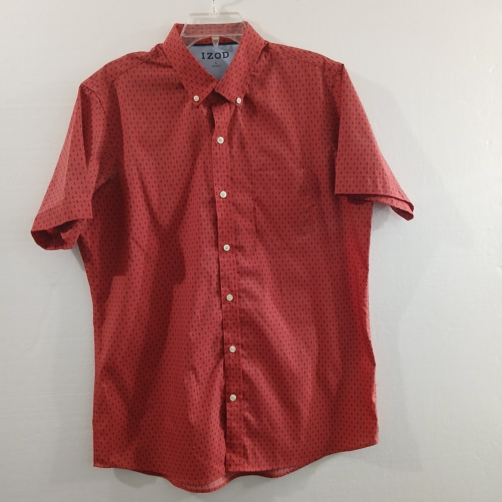 IZOD Swaltwater Men Short Sleeve Shirt Sz L Coral Micro Anchor Print Button